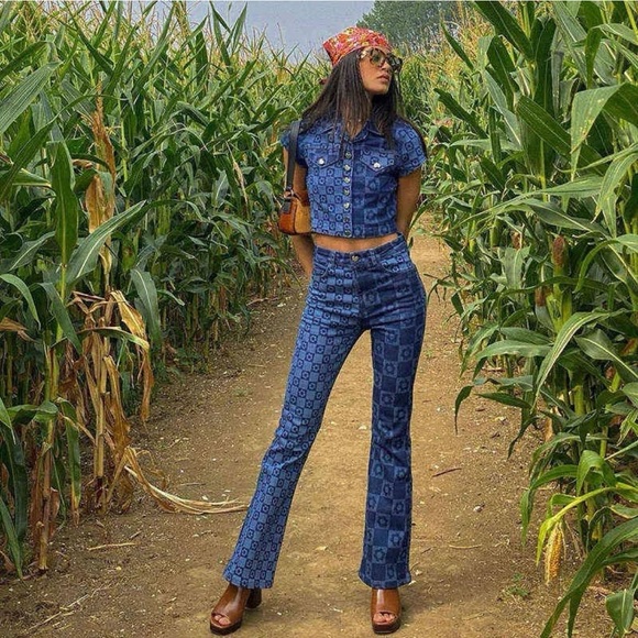 JADED LONDON 2 PC Denim Set ~ High Waist Flared Leg Jeans, Matching Cropped Top - Picture 3 of 6